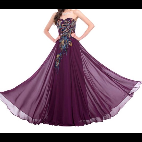 Purple color Peacock Chiffon Ball Gown - Picture 2 of 2